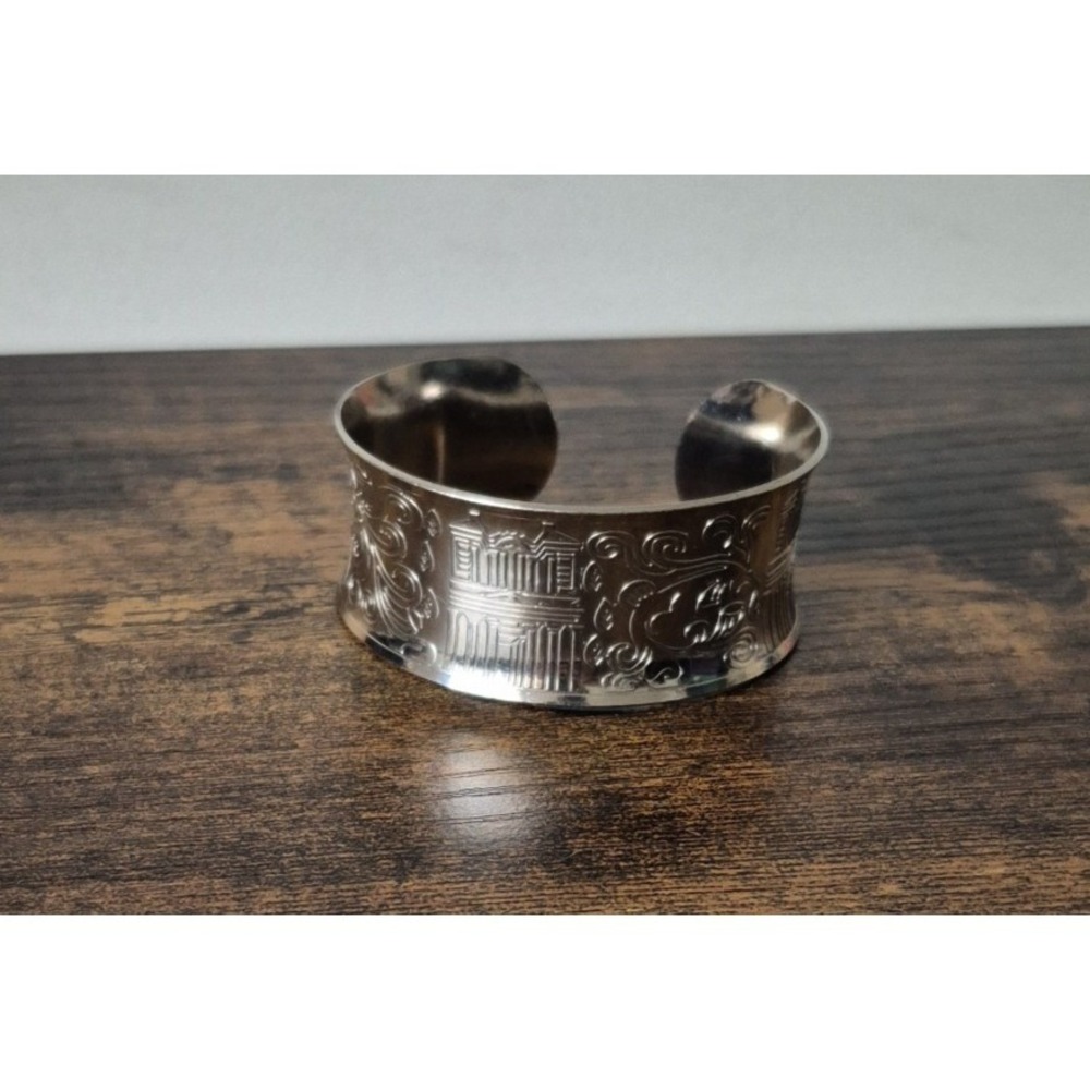 PETRA JORDAN Marked Silver Tone Wide Cuff Bracelet Etched Ancient Ruins - Picture 2 of 8